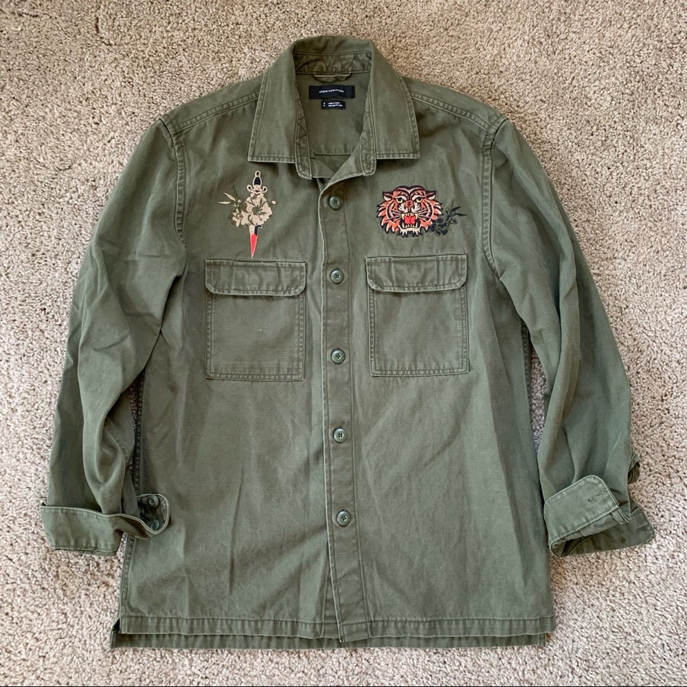 Army Green Military Tiger Embroidered Shacket—Boxy Oversized Mens/Unisex